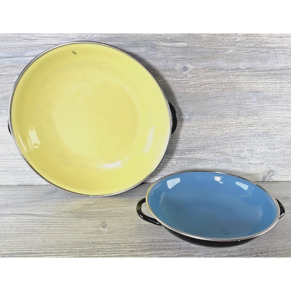 2 Enamel Saute Pans Vintage Emo Celje Yugoslavia Yellow & Blue Enameled Set MCM